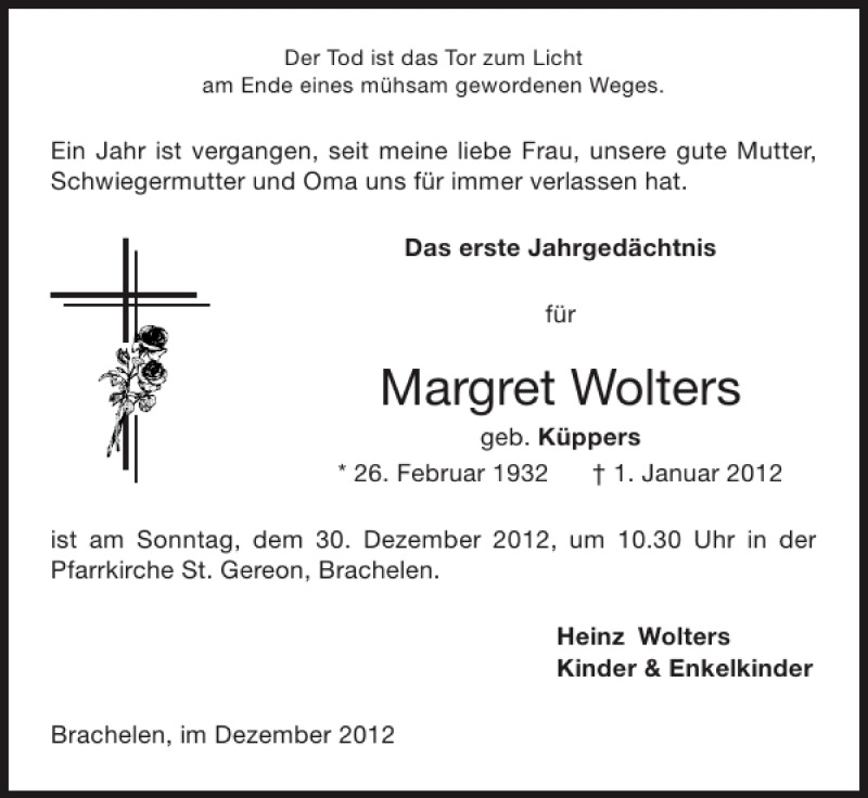  Traueranzeige für Margret Wolters vom 23.12.2012 aus Super Sonntag / Super Mittwoch