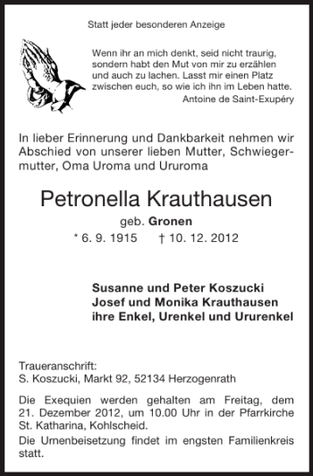 Traueranzeige von Petronella Krauthausen von Super Sonntag / Super Mittwoch