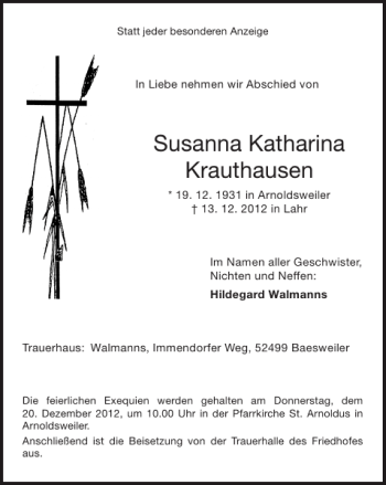 Traueranzeige von Susanna Katharina Krauthausen von Super Sonntag / Super Mittwoch