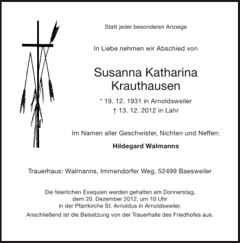 Traueranzeige von Susanna Katharina Krauthausen von Aachener Zeitung / Aachener Nachrichten