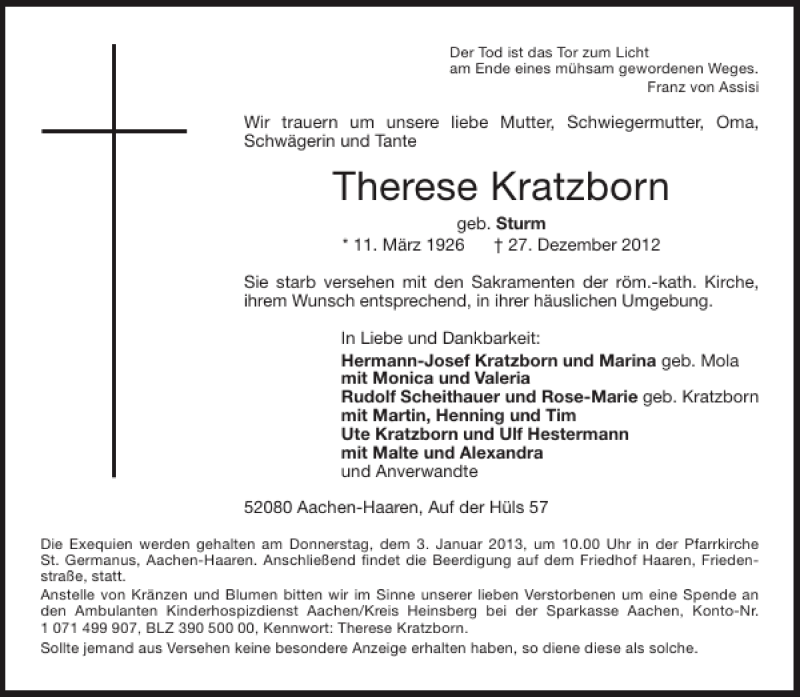 Traueranzeige für Therese Kratzborn vom 29.12.2012 aus Aachener Zeitung / Aachener Nachrichten