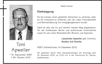 Traueranzeige von Toni Apweiler von Super Sonntag / Super Mittwoch