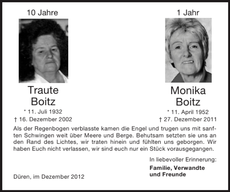  Traueranzeige für Traute Boitz und Monika Boitz vom 30.12.2012 aus Super Sonntag / Super Mittwoch