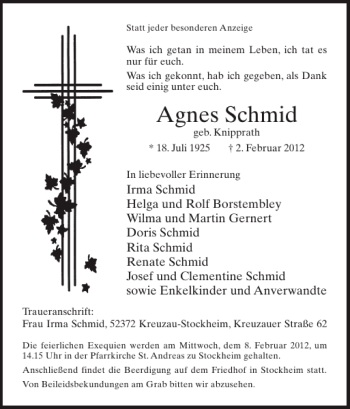 Traueranzeige von Agnes Schmid von Super Sonntag / Super Mittwoch