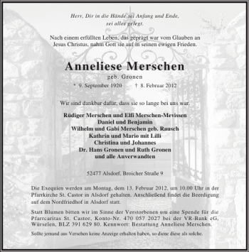 Traueranzeige von Anneliese Merschen von Aachener Zeitung / Aachener Nachrichten