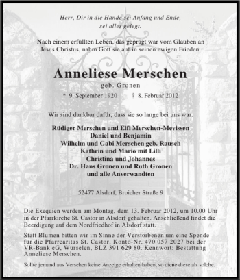 Traueranzeige von Anneliese Merschen von Super Sonntag / Super Mittwoch