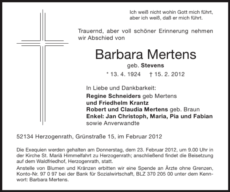 Traueranzeigen Von Barbara Mertens Aachen Gedenkt