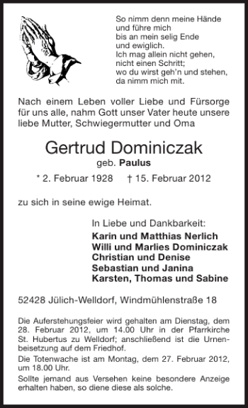 Traueranzeige von Gertrud Dominiczak von Super Sonntag / Super Mittwoch