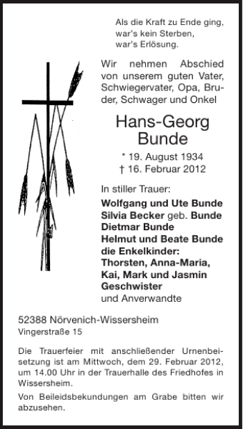 Traueranzeige von Hans-Georg Bunde von Super Sonntag / Super Mittwoch