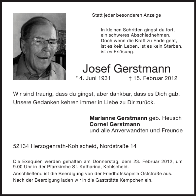 Traueranzeigen von Josef Gerstmann Aachen gedenkt