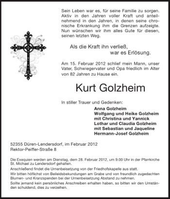 Traueranzeige von Kurt Golzheim von Super Sonntag / Super Mittwoch