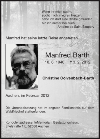 Traueranzeige von Manfred Barth von Super Sonntag / Super Mittwoch