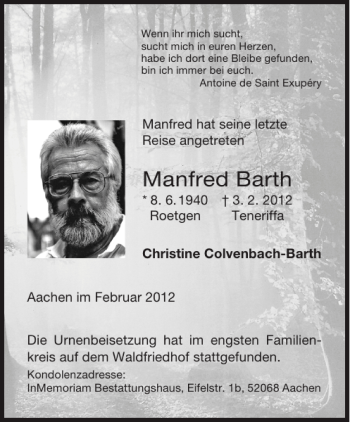 Traueranzeige von Manfred Barth von Aachener Zeitung / Aachener Nachrichten