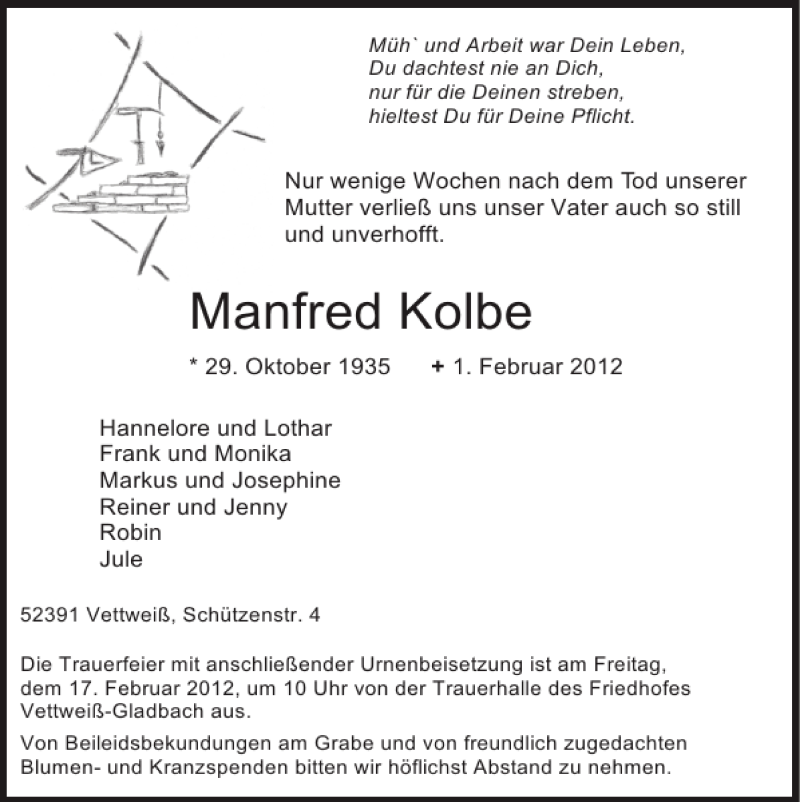  Traueranzeige für Manfred Kolbe vom 12.02.2012 aus Super Sonntag / Super Mittwoch