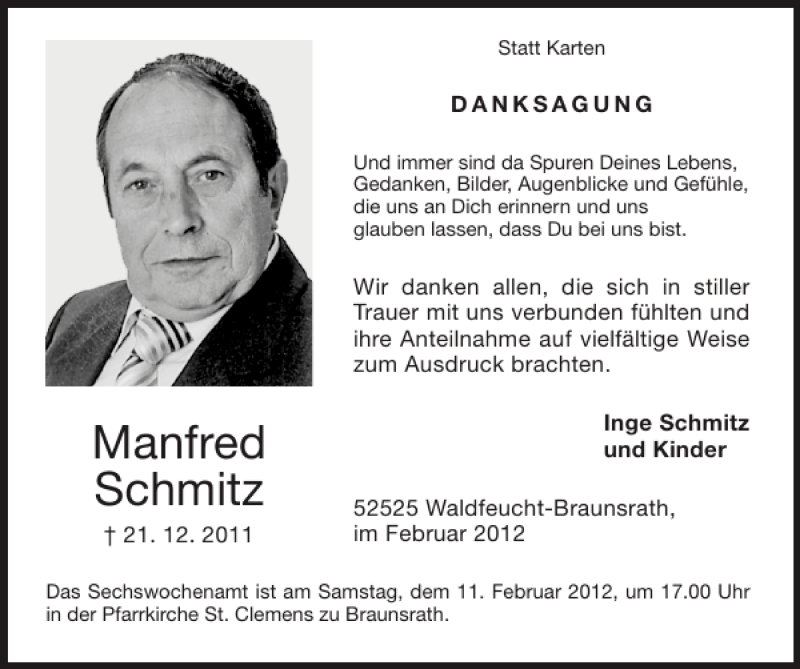  Traueranzeige für Manfred Schmitz vom 05.02.2012 aus Super Sonntag / Super Mittwoch