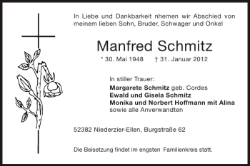 Traueranzeige von Manfred Schmitz von Super Sonntag / Super Mittwoch