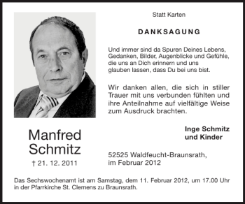 Traueranzeige von Manfred Schmitz von Super Sonntag / Super Mittwoch