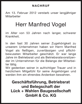 Traueranzeige von Manfred Vogel von Super Sonntag / Super Mittwoch