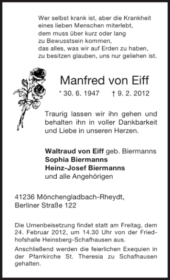 Traueranzeige von Manfred von Eiff von Super Sonntag / Super Mittwoch