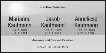 Traueranzeige von Marianne Jakob Anneliese Kaufmann Kaufmann Kaufmann  von Super Sonntag / Super Mittwoch