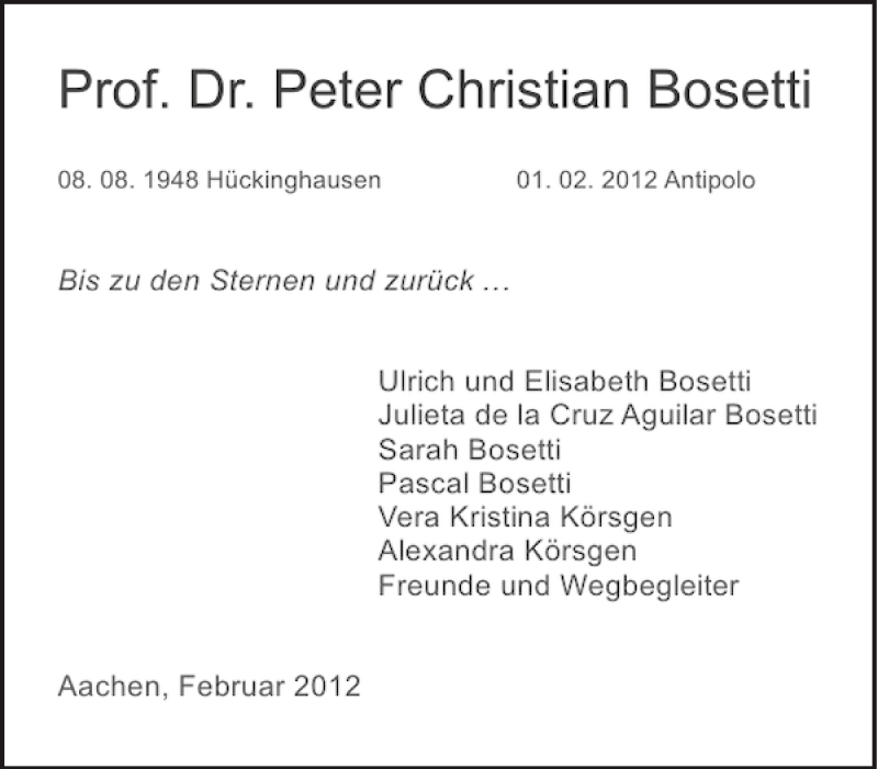  Traueranzeige für Prof. Dr. Peter Christian Bosetti vom 04.02.2012 aus Aachener Zeitung / Aachener Nachrichten