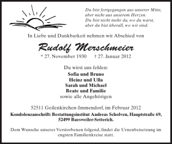 Traueranzeige von Rudolf Merschmeier von Super Sonntag / Super Mittwoch