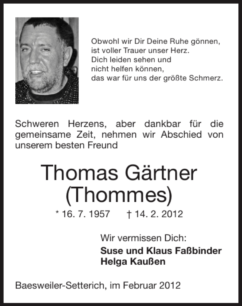 Traueranzeigen von Thomas Gärtner Thommes Aachen gedenkt