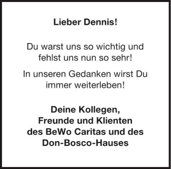 Traueranzeige von Denni s und Klienten BeWo Caritas undDon-Bosco-Hauses  von Aachener Zeitung / Aachener Nachrichten