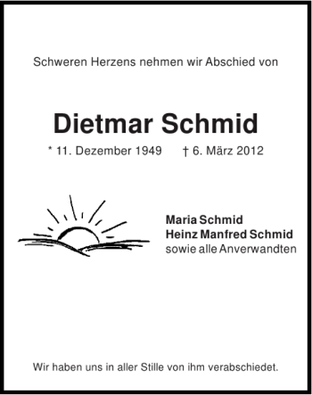 Traueranzeige von Dietmar Schmid von Super Sonntag / Super Mittwoch