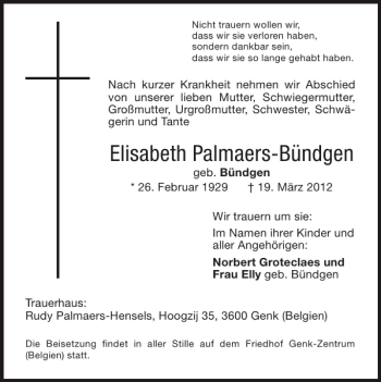 Traueranzeige von Elisabeth Palmaers-Bündgen von Super Sonntag / Super Mittwoch