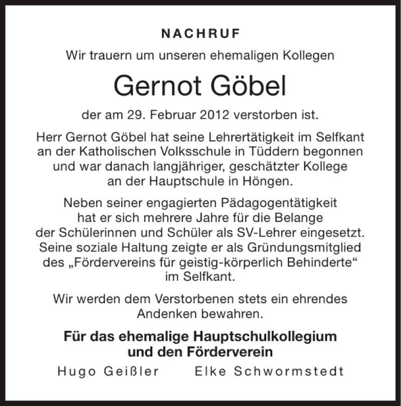 Traueranzeigen von Gernot Göbel Aachen gedenkt