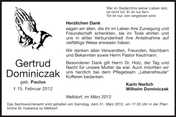 Traueranzeige von Gertrud Dominiczak von Super Sonntag / Super Mittwoch