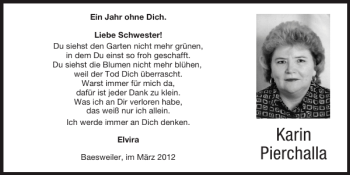 Traueranzeige von Karin Pierchalla von Super Sonntag / Super Mittwoch