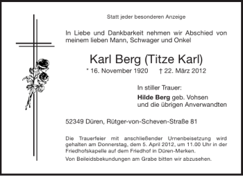 Traueranzeige von Karl Titze Karl von Aachener Zeitung / Aachener Nachrichten