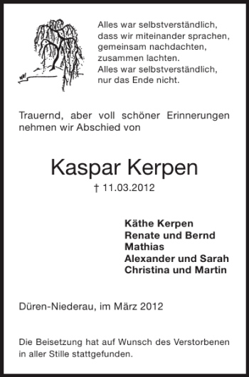 Traueranzeige von Kaspar Kerpen von Super Sonntag / Super Mittwoch
