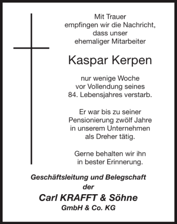 Traueranzeige von Kaspar Kerpen von Super Sonntag / Super Mittwoch