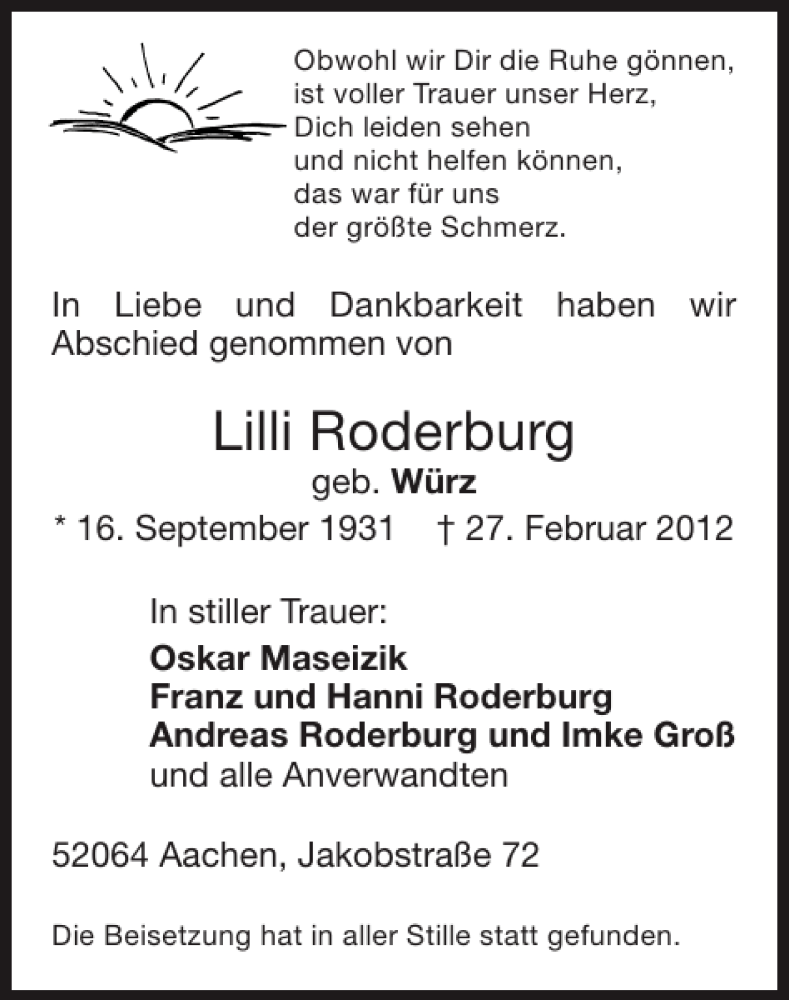  Traueranzeige für Lilli Roderburg vom 14.03.2012 aus Super Sonntag / Super Mittwoch