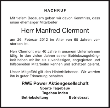 Traueranzeige von Manfred Clermont von Aachener Zeitung / Aachener Nachrichten