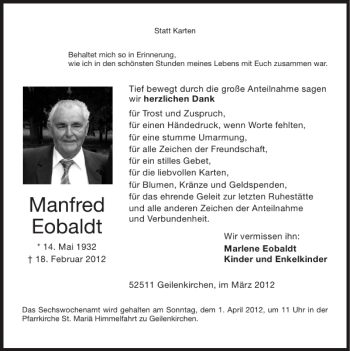 Traueranzeige von Manfred Eobaldt von Super Sonntag / Super Mittwoch