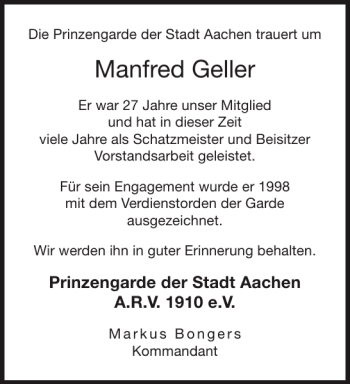 Traueranzeige von Manfred Geller von Aachener Zeitung / Aachener Nachrichten