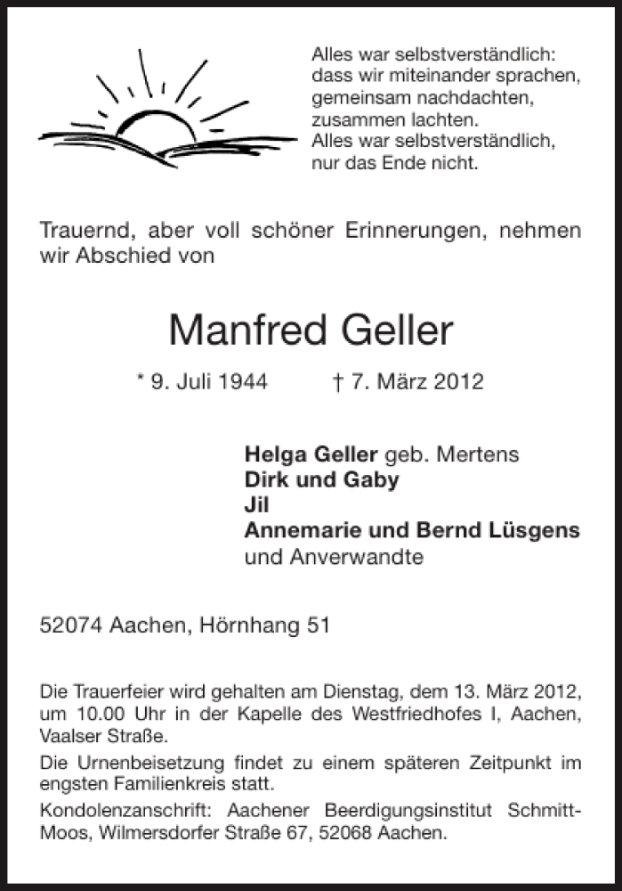  Traueranzeige für Manfred Geller vom 10.03.2012 aus Aachener Zeitung / Aachener Nachrichten
