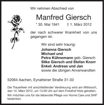 Traueranzeige von Manfred Giersch von Super Sonntag / Super Mittwoch