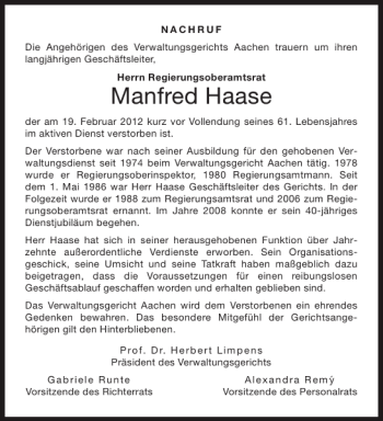 Traueranzeige von Manfred Haase von Aachener Zeitung / Aachener Nachrichten
