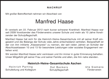 Traueranzeige von Manfred Haase von Aachener Zeitung / Aachener Nachrichten