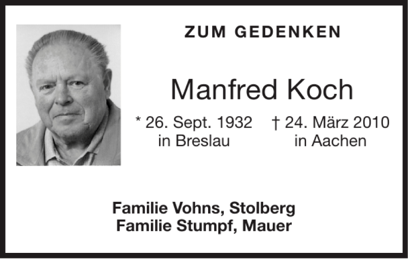  Traueranzeige für Manfred Koch vom 18.03.2012 aus Super Sonntag / Super Mittwoch