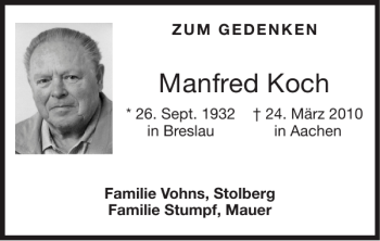 Traueranzeige von Manfred Koch von Super Sonntag / Super Mittwoch