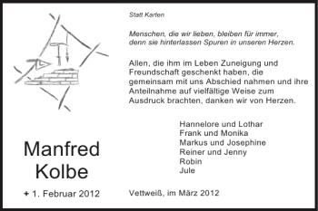 Traueranzeige von Manfred Kolbe von Super Sonntag / Super Mittwoch