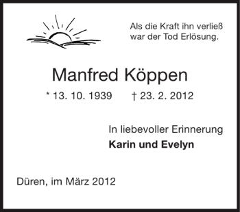 Traueranzeige von Manfred Köppen von Super Sonntag / Super Mittwoch