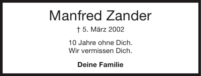  Traueranzeige für Manfred Zander vom 04.03.2012 aus Super Sonntag / Super Mittwoch