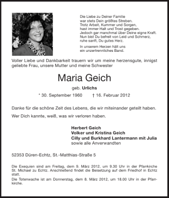 Traueranzeige von Maria Geich von Super Sonntag / Super Mittwoch